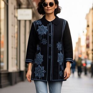 Bob Mackie Vintage Black Coat Topper 3/4 Sleeve Intricate Blue Embroidery M